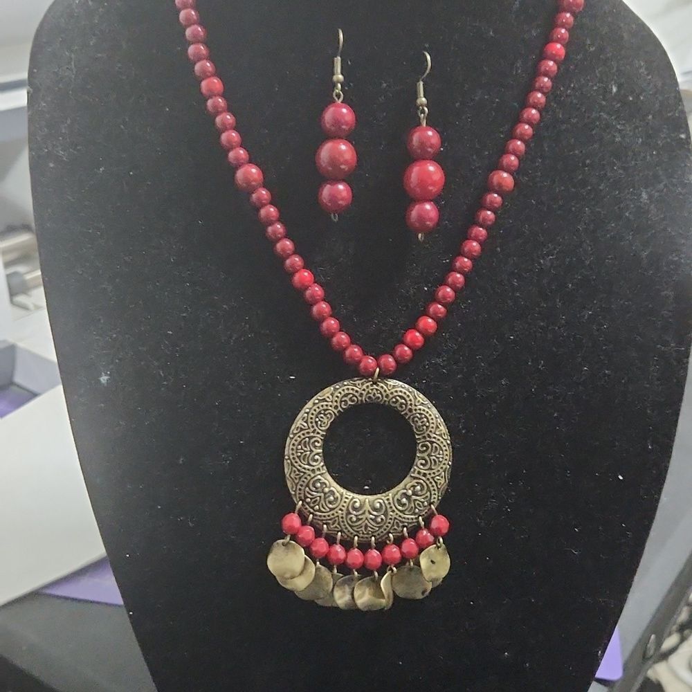 Repurposed Handmade Boho earring & necklace burgundy & Gold beads, brass set